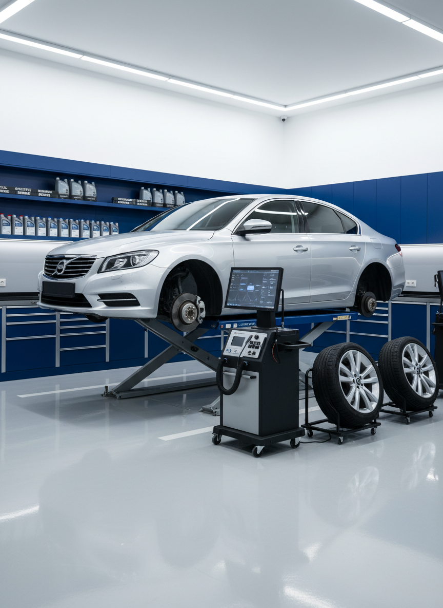 A meticulously organized, modern automotive service bay with a silver mid-size sedan elevated on a hydraulic lift, wheels removed to reveal clean brake assemblies and suspension components. Surrounding the vehicle are neatly arranged tool cabinets in deep blue with brushed metal handles, diagnostic equipment with bright digital screens, and labeled containers of high-quality oils. Cool, even LED workshop lighting floods the space, creating crisp reflections on the car’s paint and highlighting the spotless, epoxy-coated light gray floor. Photographic realism, shot at eye level with a slightly wide-angle lens, sharp focus throughout, conveying professionalism, precision, and trustworthiness for a premium car service workshop.