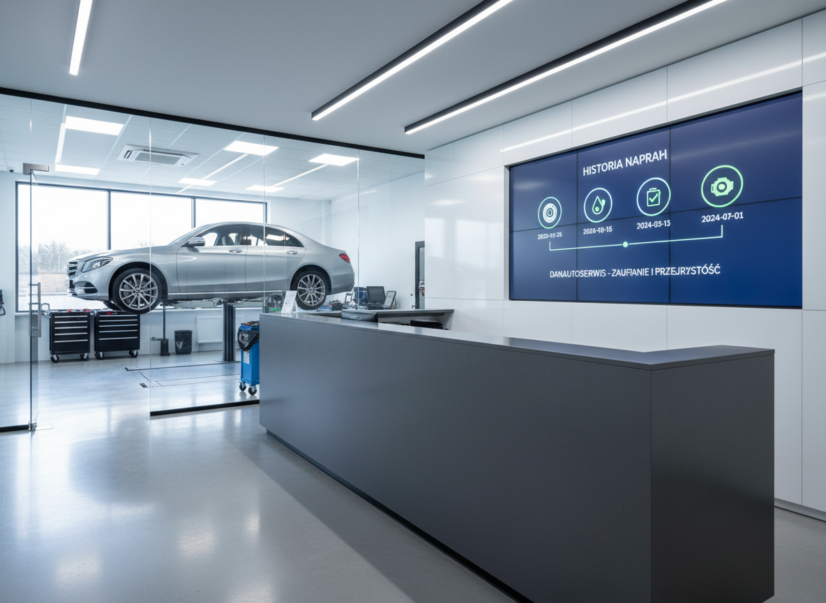 A modern automotive service reception desk in a spotless workshop, with a sleek dark-gray counter and a large wall-mounted digital display showing a detailed car repair history timeline in Polish. The screen presents icons of brakes, oil, and engine with dates and green checkmarks. In the background, through a glass wall, a single silver sedan is raised on a lift, sharply focused. Cool, even LED workshop lighting creates crisp reflections on the polished concrete floor and metal tools. Photographic realism, eye-level composition with subtle depth of field, clean and professional atmosphere emphasizing trust, transparency, and advanced diagnostics for DANAUTOSERWIS.